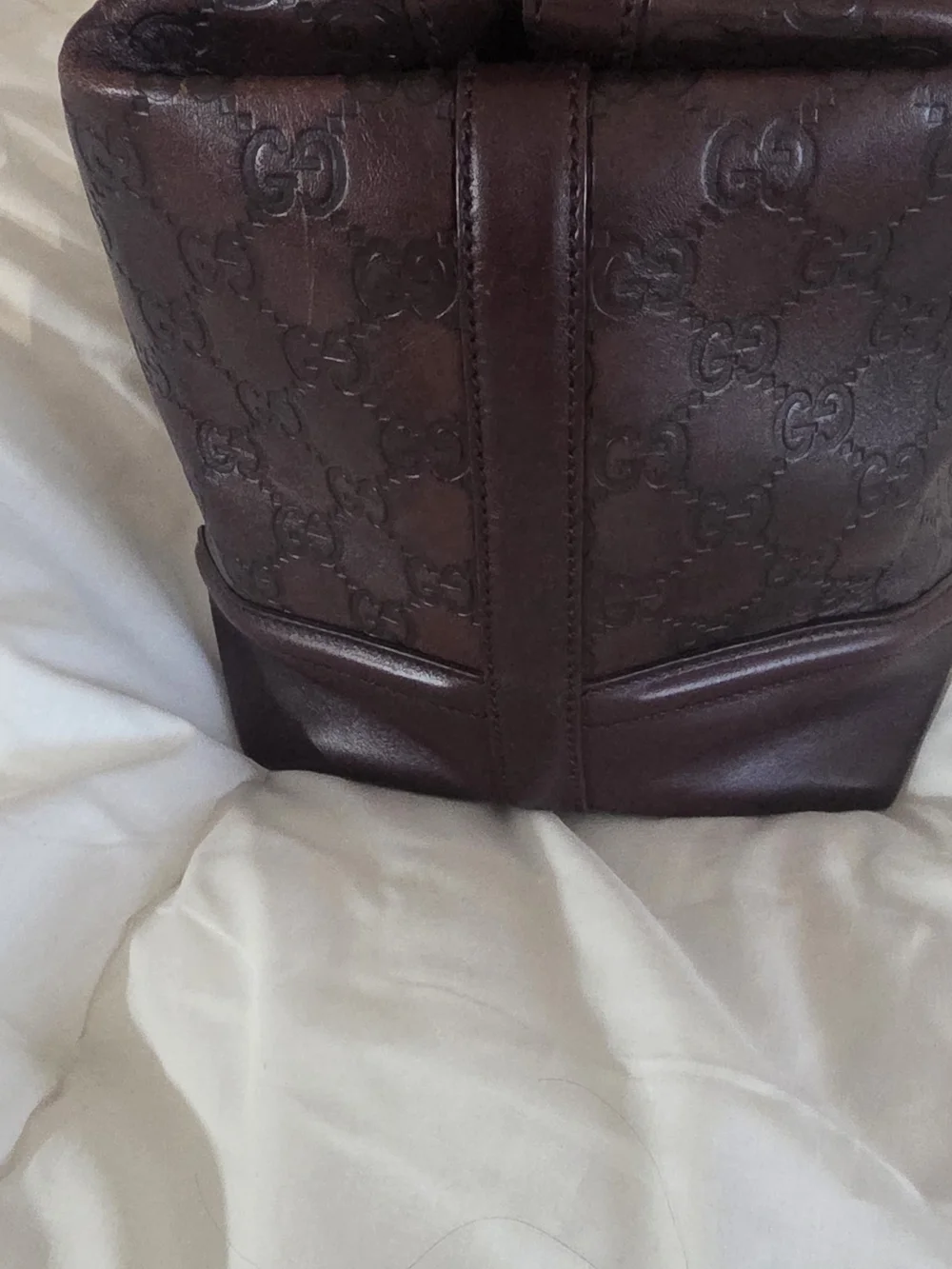 Gucci Dark Brown Embossed Leather Satchel with Gold Chain Detail